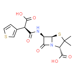 ChemSpider 2D Image | (2S,5R,6R)-6-{[(2S)-2-Carboxy-2-(3-thienyl)acetyl]amino}-3,3-dimethyl-7-oxo-4-thia-1-azabicyclo[3.2.0]heptane-2-carboxylic acid | C15H16N2O6S2