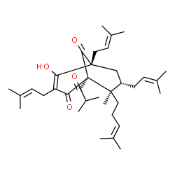 ChemSpider 2D Image | (1R,5R,7S,8R)-4-Hydroxy-1-isobutyryl-8-methyl-3,5,7-tris(3-methyl-2-buten-1-yl)-8-(4-methyl-3-penten-1-yl)bicyclo[3.3.1]non-3-ene-2,9-dione | C35H52O4