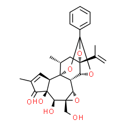 ChemSpider 2D Image | (1R,2R,6S,7S,8R,10S,11S,12R,16R,18R)-6,7-Dihydroxy-8-(hydroxymethyl)-16-isopropenyl-4,18-dimethyl-14-phenyl-9,13,15,19-tetraoxahexacyclo[12.4.1.0~1,11~.0~2,6~.0~8,10~.0~12,16~]nonadec-3-en-5-one | C27H30O8