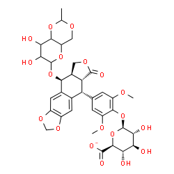 ChemSpider 2D Image | 4-{(5R,5aR,8aR,9S)-9-[(4,6-O-Ethylidenehexopyranosyl)oxy]-6-oxo-5,5a,6,8,8a,9-hexahydrofuro[3',4':6,7]naphtho[2,3-d][1,3]dioxol-5-yl}-2,6-dimethoxyphenyl beta-D-glucopyranosiduronate | C35H39O19