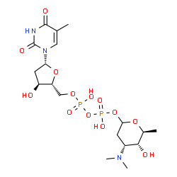 ChemSpider 2D Image | (4R,5R,6S)-4-(Dimethylamino)-5-hydroxy-6-methyltetrahydro-2H-pyran-2-yl [(2R,3S,5R)-3-hydroxy-5-(5-methyl-2,4-dioxo-3,4-dihydro-1(2H)-pyrimidinyl)tetrahydro-2-furanyl]methyl dihydrogen diphosphate (no
n-preferred name) | C18H31N3O13P2