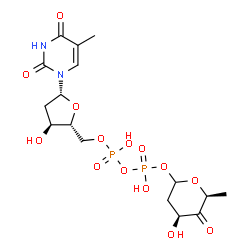 ChemSpider 2D Image | [(2R,3S,5R)-3-Hydroxy-5-(5-methyl-2,4-dioxo-3,4-dihydro-1(2H)-pyrimidinyl)tetrahydro-2-furanyl]methyl (4S,6S)-4-hydroxy-6-methyl-5-oxotetrahydro-2H-pyran-2-yl dihydrogen diphosphate (non-preferred nam
e) | C16H24N2O14P2