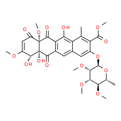 ChemSpider 2D Image | Methyl (6aR,7S,10aR)-3-[(6-deoxy-2,3,4-tri-O-methyl-alpha-D-mannopyranosyl)oxy]-6a,7,12-trihydroxy-8,10a-dimethoxy-1-methyl-6,10,11-trioxo-6,6a,7,10,10a,11-hexahydro-2-tetracenecarboxylate | C32H36O15