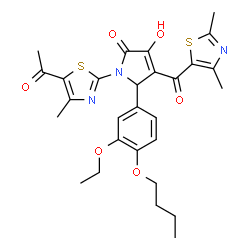 ChemSpider 2D Image | 1-(5-Acetyl-4-methyl-1,3-thiazol-2-yl)-5-(4-butoxy-3-ethoxyphenyl)-4-[(2,4-dimethyl-1,3-thiazol-5-yl)carbonyl]-3-hydroxy-1,5-dihydro-2H-pyrrol-2-one | C28H31N3O6S2