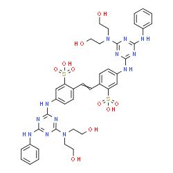 ChemSpider 2D Image | 2,2'-Ethene-1,2-diylbis[5-({4-anilino-6-[bis(2-hydroxyethyl)amino]-1,3,5-triazin-2-yl}amino)benzenesulfonic acid] | C40H44N12O10S2
