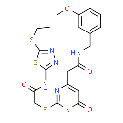 ChemSpider 2D Image | 2-{2-[(2-{[5-(Ethylsulfanyl)-1,3,4-thiadiazol-2-yl]amino}-2-oxoethyl)sulfanyl]-6-oxo-1,6-dihydro-4-pyrimidinyl}-N-(3-methoxybenzyl)acetamide | C20H22N6O4S3