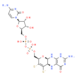 ChemSpider 2D Image | 5'-O-[(R)-{[(R)-{[(5aR,8R,9aR)-2-Amino-4-oxo-6,7-disulfido-1,5,5a,8,9a,10-hexahydro-4H-pyrano[3,2-g]pteridin-8-yl]methoxy}(hydroxy)phosphoryl]oxy}(hydroxy)phosphoryl]cytidine | C19H24N8O13P2S2