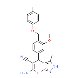 ChemSpider 2D Image | 6-Amino-4-{4-[(4-fluorophenoxy)methyl]-3-methoxyphenyl}-3-methyl-2,4-dihydropyrano[2,3-c]pyrazole-5-carbonitrile | C22H19FN4O3