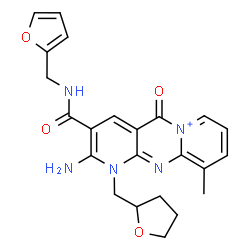 ChemSpider 2D Image | 2-Amino-3-[(2-furylmethyl)carbamoyl]-10-methyl-5-oxo-1-(tetrahydro-2-furanylmethyl)-1,5-dihydrodipyrido[1,2-a:2',3'-d]pyrimidin-6-ium | C23H24N5O4