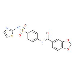 ChemSpider 2D Image | ({4-[(1,3-Benzodioxol-5-ylcarbonyl)amino]phenyl}sulfonyl)(1,3-thiazol-2-yl)azanide | C17H12N3O5S2