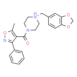 ChemSpider 2D Image | 1-(1,3-Benzodioxol-5-ylmethyl)-4-[(5-methyl-3-phenyl-1,2-oxazol-4-yl)carbonyl]piperazin-1-ium | C23H24N3O4