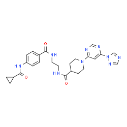 ChemSpider 2D Image | N-[2-({4-[(Cyclopropylcarbonyl)amino]benzoyl}amino)ethyl]-1-[6-(1H-1,2,4-triazol-1-yl)-4-pyrimidinyl]-4-piperidinecarboxamide | C25H29N9O3