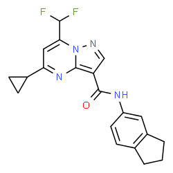 ChemSpider 2D Image | 5-Cyclopropyl-7-(difluoromethyl)-N-(2,3-dihydro-1H-inden-5-yl)pyrazolo[1,5-a]pyrimidine-3-carboxamide | C20H18F2N4O