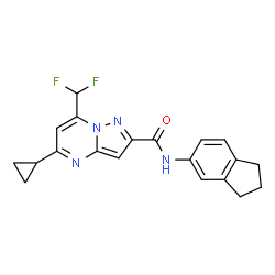 ChemSpider 2D Image | 5-Cyclopropyl-7-(difluoromethyl)-N-(2,3-dihydro-1H-inden-5-yl)pyrazolo[1,5-a]pyrimidine-2-carboxamide | C20H18F2N4O