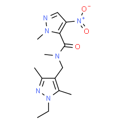 ChemSpider 2D Image | N-[(1-Ethyl-3,5-dimethyl-1H-pyrazol-4-yl)methyl]-N,1-dimethyl-4-nitro-1H-pyrazole-5-carboxamide | C14H20N6O3