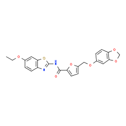 ChemSpider 2D Image | 5-[(1,3-Benzodioxol-5-yloxy)methyl]-N-(6-ethoxy-1,3-benzothiazol-2-yl)-2-furamide | C22H18N2O6S