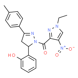 ChemSpider 2D Image | (1-Ethyl-4-nitro-1H-pyrazol-3-yl)[5-(2-hydroxyphenyl)-3-(4-methylphenyl)-4,5-dihydro-1H-pyrazol-1-yl]methanone | C22H21N5O4