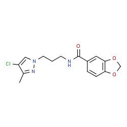ChemSpider 2D Image | N-[3-(4-Chloro-3-methyl-1H-pyrazol-1-yl)propyl]-1,3-benzodioxole-5-carboxamide | C15H16ClN3O3