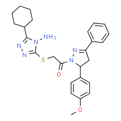 ChemSpider 2D Image | 2-[(4-Amino-5-cyclohexyl-4H-1,2,4-triazol-3-yl)sulfanyl]-1-[5-(4-methoxyphenyl)-3-phenyl-4,5-dihydro-1H-pyrazol-1-yl]ethanone | C26H30N6O2S