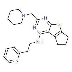 ChemSpider 2D Image | 2-(1-Piperidinylmethyl)-N-[2-(2-pyridinyl)ethyl]-6,7-dihydro-5H-cyclopenta[4,5]thieno[2,3-d]pyrimidin-4-amine | C22H27N5S