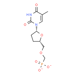 ChemSpider 2D Image | ({[(2S,5R)-5-(5-Methyl-2,4-dioxo-3,4-dihydro-1(2H)-pyrimidinyl)tetrahydro-2-furanyl]methoxy}methyl)phosphonate | C11H15N2O7P