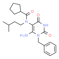 ChemSpider 2D Image | N-(6-Amino-1-benzyl-2,4-dioxo-1,2,3,4-tetrahydro-5-pyrimidinyl)-N-(3-methylbutyl)cyclopentanecarboxamide | C22H30N4O3