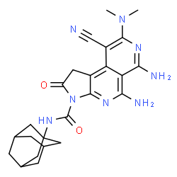 ChemSpider 2D Image | N-(Adamantan-1-yl)-5,6-diamino-9-cyano-8-(dimethylamino)-2-oxo-1,2-dihydro-3H-pyrrolo[2,3-c][2,7]naphthyridine-3-carboxamide | C24H28N8O2