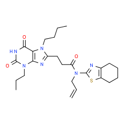 ChemSpider 2D Image | N-Allyl-3-(7-butyl-2,6-dioxo-3-propyl-2,3,6,7-tetrahydro-1H-purin-8-yl)-N-(4,5,6,7-tetrahydro-1,3-benzothiazol-2-yl)propanamide | C25H34N6O3S