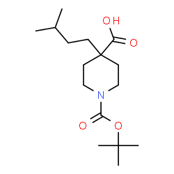ChemSpider 2D Image | 4-(3-Methylbutyl)-1-{[(2-methyl-2-propanyl)oxy]carbonyl}-4-piperidinecarboxylic acid | C16H29NO4