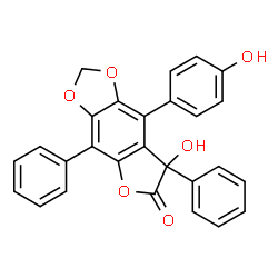 ChemSpider 2D Image | 7-Hydroxy-8-(4-hydroxyphenyl)-4,7-diphenylfuro[2,3-f][1,3]benzodioxol-6(7H)-one | C27H18O6