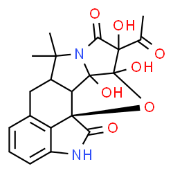 ChemSpider 2D Image | (9aR)-1-Acetyl-1,10a,10b-trihydroxy-3,3-dimethyl-1,3a,4,10a,10b,10c-hexahydro-2H,3H-10-oxa-2a,8-diazacyclopenta[3,4]pentaleno[1,6-cd]acenaphthylene-2,9(8H)-dione | C20H20N2O7