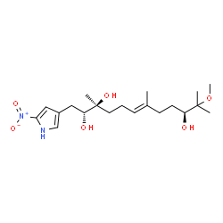 ChemSpider 2D Image | (2R,3S,6E,10S)-11-Methoxy-3,7,11-trimethyl-1-(5-nitro-1H-pyrrol-3-yl)-6-dodecene-2,3,10-triol | C20H34N2O6