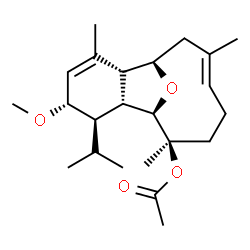 ChemSpider 2D Image | (1R,2R,5S,6R,7R,8R,9R,12E)-6-Isopropyl-5-methoxy-3,9,13-trimethyl-15-oxatricyclo[6.6.1.0~2,7~]pentadeca-3,12-dien-9-yl acetate | C23H36O4
