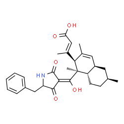 ChemSpider 2D Image | (2E)-3-{(1R,2R,4aR,6S,8aS)-1-[(E)-(5-Benzyl-2,4-dioxo-3-pyrrolidinylidene)(hydroxy)methyl]-1,3,6-trimethyl-1,2,4a,5,6,7,8,8a-octahydro-2-naphthalenyl}-2-butenoic acid | C29H35NO5