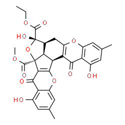 ChemSpider 2D Image | 7-Ethyl 5b-methyl (5bS,7S,7aS,7bR,14bS)-4,7,13-trihydroxy-2,11-dimethyl-5,14-dioxo-7,7a,7b,8,14,14b-hexahydro-6,9,15-trioxanaphtho[2',3':2,3]pentaleno[1,6-ab]anthracene-5b,7(5H)-dicarboxylate | C31H26O12