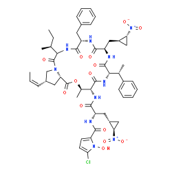 ChemSpider 2D Image | N-{(2S)-1-({(3R,4R,7S,10R,13S,20R,21aS)-13-Benzyl-16-[(2S)-2-butanyl]-3-methyl-10-{[(1R,2R)-2-nitrocyclopropyl]methyl}-1,5,8,11,14,17-hexaoxo-7-[(1R)-1-phenylethyl]-20-[(1Z)-1-propen-1-yl]octadecahydr
o-1H,3H-pyrrolo[2,1-c][1,4,7,10,13,16]oxapentaazacyclononadecin-4-yl}amino)-3-[(1R,2R)-2-nitrocyclopropyl]-1-oxo-2-propanyl}-5-chloro-1-hydroxy-1H-pyrrole-2-carboxamide | C54H67ClN10O14