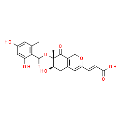 ChemSpider 2D Image | (2E)-3-{(6R,7S)-7-[(2,4-Dihydroxy-6-methylbenzoyl)oxy]-6-hydroxy-7-methyl-8-oxo-5,6,7,8-tetrahydro-1H-isochromen-3-yl}acrylic acid | C21H20O9