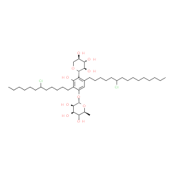 ChemSpider 2D Image | (1S)-1,5-Anhydro-1-{3-(6-chlorododecyl)-6-(6-chloropentadecyl)-4-[(6-deoxy-alpha-L-mannopyranosyl)oxy]-2-hydroxyphenyl}-D-xylitol | C44H76Cl2O10