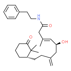 ChemSpider 2D Image | (3E,5S)-9-[(1S)-2,2-Dimethyl-3-oxocyclohexyl]-5-hydroxy-3-methyl-7-methylene-N-(2-phenylethyl)-3-nonenamide | C27H39NO3