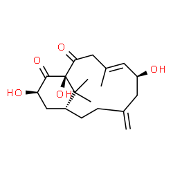 ChemSpider 2D Image | (1R,4E,6S,11R,13R)-1,6,13-Trihydroxy-4,15,15-trimethyl-8-methylenebicyclo[9.3.1]pentadec-4-ene-2,14-dione | C19H28O5