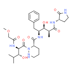 ChemSpider 2D Image | (3S)-2-{(2R,3R)-3-Hydroxy-2-[(methoxyacetyl)amino]-4-methylpentanoyl}-N-[(2S,3S,4S)-3-hydroxy-4-methyl-5-oxo-5-{[(3S)-2-oxo-3-pyrrolidinyl]amino}-1-phenyl-2-pentanyl]hexahydro-3-pyridazinecarboxamide 
(non-preferred name) | C30H46N6O8