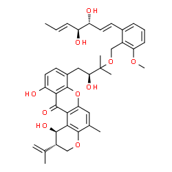 ChemSpider 2D Image | (1R,2S)-8-[(2S)-3-({2-[(1E,3R,4S,5E)-3,4-Dihydroxy-1,5-heptadien-1-yl]-6-methoxybenzyl}oxy)-2-hydroxy-3-methylbutyl]-1,11-dihydroxy-2-isopropenyl-5-methyl-2,3-dihydropyrano[3,2-a]xanthen-12(1H)-one | C40H46O10