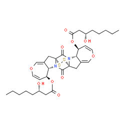 ChemSpider 2D Image | (1R,4S,5S,12R,15S,16S)-2,13-Dioxo-8,19-dioxa-23,24-dithia-3,14-diazahexacyclo[10.10.2.0~1,14~.0~3,12~.0~4,10~.0~15,21~]tetracosa-6,9,17,20-tetraene-5,16-diyl (3S,3'S)bis(3-hydroxyoctanoate) | C34H44N2O10S2