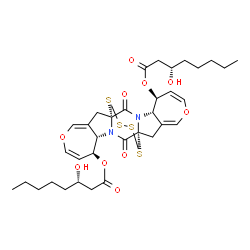ChemSpider 2D Image | (1R,4S,5S,12R,15S,16S)-2,13-Dioxo-8,19-dioxa-23,24,25,26-tetrathia-3,14-diazahexacyclo[10.10.4.0~1,14~.0~3,12~.0~4,10~.0~15,21~]hexacosa-6,9,17,20-tetraene-5,16-diyl (3S,3'S)bis(3-hydroxyoctanoate) | C34H44N2O10S4