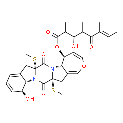 ChemSpider 2D Image | (5S,5aS,7aR,12S,12aS,14aR)-12-Hydroxy-7a,14a-bis(methylsulfanyl)-7,14-dioxo-5,5a,7a,8,12,12a,14a,15-octahydro-7H,14H-oxepino[3'',4'':4',5']pyrrolo[1',2':4,5]pyrazino[1,2-a]indol-5-yl (6E)-3-hydroxy-2,
4,6-trimethyl-5-oxo-6-octenoate | C31H38N2O8S2