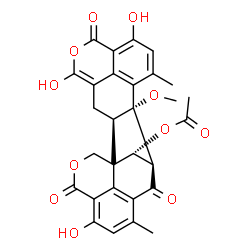 ChemSpider 2D Image | (2R,13S,14S,24R)-5,9,19-Trihydroxy-13-methoxy-11,17-dimethyl-7,15,21-trioxo-6,22-dioxaheptacyclo[12.9.1.1~1,16~.1~4,8~.0~2,13~.0~12,26~.0~20,25~]hexacosa-4,8(26),9,11,16(25),17,19-heptaen-24-yl acetat
e | C29H24O11