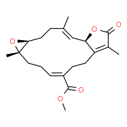 ChemSpider 2D Image | Methyl (1aS,4E,10aR,11E,14aS)-1a,8,12-trimethyl-9-oxo-1a,2,3,6,7,9,10a,13,14,14a-decahydrooxireno[9,10]cyclotetradeca[1,2-b]furan-5-carboxylate | C21H28O5