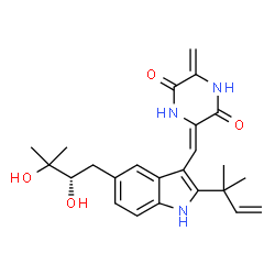 ChemSpider 2D Image | (3Z)-3-({5-[(2S)-2,3-Dihydroxy-3-methylbutyl]-2-(2-methyl-3-buten-2-yl)-1H-indol-3-yl}methylene)-6-methylene-2,5-piperazinedione | C24H29N3O4