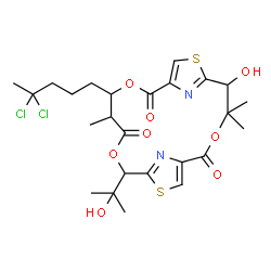 ChemSpider 2D Image | 12-(4,4-Dichloropentyl)-5-hydroxy-16-(2-hydroxy-2-propanyl)-4,4,13-trimethyl-3,11,15-trioxa-7,18-dithia-20,21-diazatricyclo[15.2.1.1~6,9~]henicosa-1(19),6(21),8,17(20)-tetraene-2,10,14-trione | C25H32Cl2N2O8S2