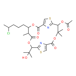 ChemSpider 2D Image | 12-(4-Chloropentyl)-16-(2-hydroxy-2-propanyl)-4,4,13-trimethyl-2,10,14-trioxo-3,11,15-trioxa-7,18-dithia-20,21-diazatricyclo[15.2.1.1~6,9~]henicosa-1(19),6(21),8,17(20)-tetraen-5-yl acetate | C27H35ClN2O9S2